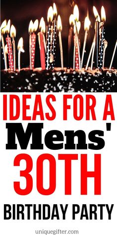 a birthday party poster with candles in the shape of men's butts and words that read, ideas for a men's 30th birthday party