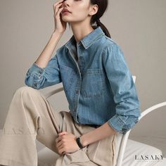 Lasaky - Upgrade Your Wardrobe with Fashionable and Retro Layered Long-Sleeve Denim Shirt Two Piece Outfits Pants, Sleeve Stencil, Denim Shirt Men, Long Sleeve Denim Shirt, Layered Long Sleeve, Layered Shirts, Casual Long Sleeve Shirts, Layered Fashion, Long Sleeve Short Dress