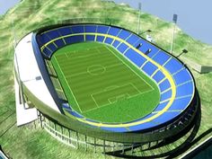 an artist's rendering of a soccer stadium with blue seats and yellow rims