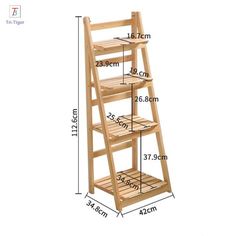 a wooden ladder shelf with measurements for the top and bottom shelves, on a white background