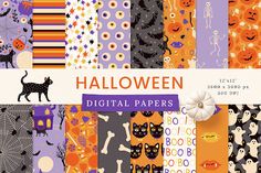 halloween digital papers with black cats and pumpkins