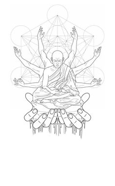 a drawing of a person sitting in the middle of a lotus position with their hands up