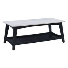 a white marble top coffee table with black legs and shelf on the bottom, against a white background