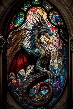 a stained glass window with a dragon on it