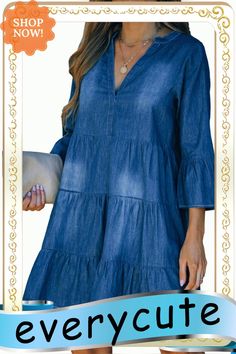 Blue Split V Neck Bell Sleeves Tiered Denim Dress Spring Indigo Denim Dress For Day Out, Indigo V-neck Denim Dress, Denim Blue V-neck Dress For Fall, Fall V-neck Denim Blue Dress, Fall Denim Blue V-neck Dress, Mini Dresses, Women Dresses, Women's Fashion Dresses, Denim Dress