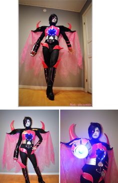 two pictures of a woman dressed in black and pink with red cape, holding a light up bat