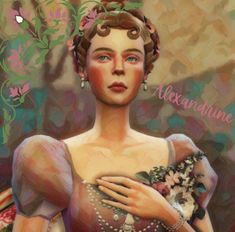 a painting of a woman wearing a dress with flowers in her hair and the words alexandriaine on it