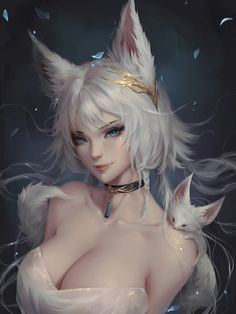 an image of a woman with white hair and wolf ears on her head, holding a cat