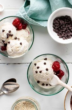 two bowls filled with ice cream and chocolate chips