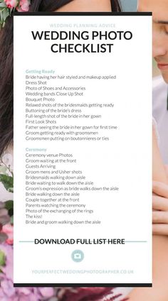 the wedding photo checklist is displayed in front of a woman's face and flowers