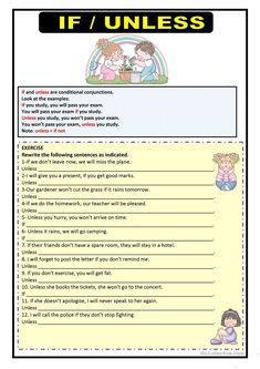 a printable worksheet for children's english speaking and writing skills, with the words if / unless