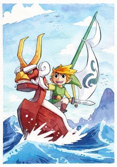 the legend of zelda riding on top of a boat