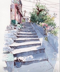 watercolor painting of steps leading up to a building