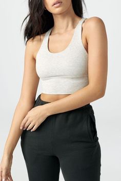 Varsity Tank Bra - Pearl Grey FlexRib - JOAH BROWN Everyday Solid Scoop Neck Sports Bra, Everyday Scoop Neck Sports Bra, Athleisure Scoop Neck Crop Top For Everyday, Everyday Athleisure Crop Top With Scoop Neck, Casual Tank Top With Built-in Bra And Supportive Fit, Everyday Medium Support Scoop Neck Sports Bra, Everyday Stretch Sports Bra With Scoop Neck, Seamless Sports Bra With Minimal Stretch, Seamless Scoop Back Sports Bra For Yoga