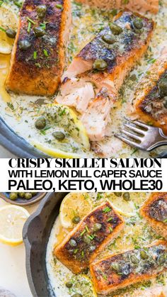 grilled salmon with lemon and capers served in a skillet