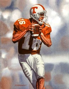 a painting of a football player running with the ball in his hand and wearing an orange uniform