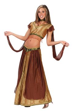 a woman in a brown and gold belly dance costume with her hands out to the side