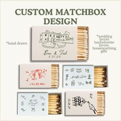 four matchbox matches with different designs on them and the words, custom matchbox design