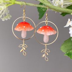 3D Magical red mushroom drop earrings - Cute mushroom leaf dangle earring - unique dangle  🤍 Hypoallergenic 🌸 Handmade with love ✨ Cute & Dainty 🎁 Gift ready 〰️Click👇🏻 Find more Earrings🎀 https://www.etsy.com/shop/byYeeSo ◽️ PACKAGING ◽️ * The jewelry will be nicely packaged * Comes with a drawstring suede pouch * If you need personalized gift note, please click the link below, add it to your cart when check out to upgrade your packaging. https://www.etsy.com/listing/1008661207/upgrade-gif Glass Mushroom Earrings, Cool Earrings Unique, Mushroom Clothing, Mushroom Earring, Mushroom Outfit, Earrings Mushroom, Earrings Cottagecore, Earring Unique, Cottagecore Earrings