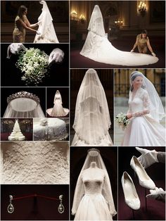 wedding dresses and veils are shown in this collage