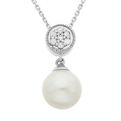 A freshwater cultured pearl and a cluster of diamond accents give this sterling silver necklace elegant beauty. Comes in a gift box. Click on this JEWELRY & WATCHES GUIDE to learn about fit, styles, materials and more!PENDANT DETAILS Pendant length: .75 in. Chain length: 18 in. Clasp: spring-ring Metal: rhodium-plated sterling silver CULTURED PEARL DETAILS Type: freshwater Shape: round Size: 8-9 mm Color: white DIAMOND DETAILS Total weight: less than 1/10 ct. Cut: round Color grade: G-I Clarity: Elegant Cubic Zirconia Necklace For Mother Of The Bride, Elegant Pearl Pendant Jewelry For Mother's Day, Elegant Round Pearl Necklace For Mother's Day, Formal Pearl Pendant Jewelry For Mother's Day, Elegant Pearl Drop Necklace For Mother's Day, Formal Pearl Chain Jewelry For Mother's Day, Classic Pearl Necklace With Diamond Accents For Anniversary, Elegant Pearl Charm Necklace For Mother's Day, Elegant Mother's Day Necklace With Pearl Charm