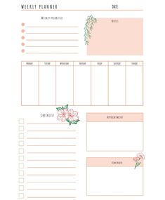 a printable weekly planner with pink flowers and greenery on the side, in front of a white background