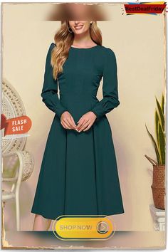 Women Vintage Solid Color Pleated Midi Dress Elegant Gowns Solid Color Maxi Dress For Work, Green Pleated A-line Maxi Dress, Green Formal Dress With Pleated Sleeves, Formal Dress With Pleated Sleeves, Fitted Pleated Long Sleeve Solid Dress, Pleated A-line Maxi Dress For Fall, Modest Fitted A-line Long Sleeve Dress, Formal Solid Color Dresses For Fall, Formal Fall Dresses In Solid Color