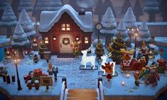 an animated christmas scene with people and animals in front of a house decorated for the holidays