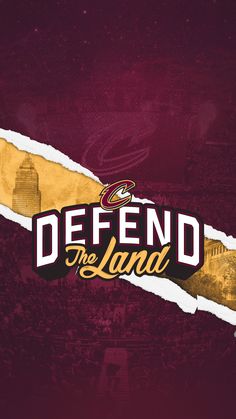 the logo for defend the land on a maroon and gold background with white torn paper