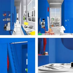 four different pictures of a room with blue walls