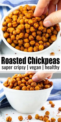 two bowls filled with roasted chickpeas on top of a table