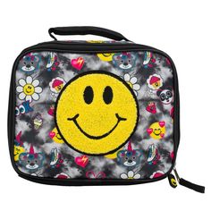 Keep Dreaming of lunch time with this smiley lunch bag! This square lunch features a chenille smiley patch applique with fun all over prints and a rubber molded zipper pull. Lunch has never been this exciting! The lunch tote measures 7.5" H X 9.5" W X 3.5" D and opens to reveal a large compartment with double durable zippers. It is big enough to hold sandwiches, snacks, drinks, utensils, and more. The insulated interior keeps food and drinks cold, and the padded carrying handle allows for easy t Fun Rectangular Lunch Bag For Daily Use, Trendy School Lunch Bag With Zipper Closure, Fun Rectangular Lunch Bag For Daycare, Playful Multicolor Lunch Bag, Playful Multicolor Rectangular Lunch Bag, Fun Rectangular Lunch Bag For Everyday Use, Fun Rectangular Lunch Bag, Trendy Multicolor Lunch Bag, Playful Back To School Lunch Bag