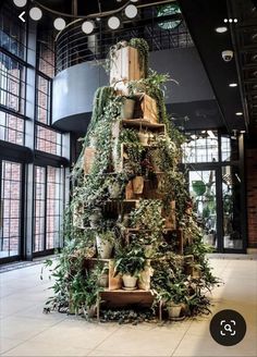 a very tall christmas tree with lots of greenery on it's sides in a building