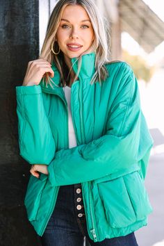 You are not going to want to move on without this fun puffer jacket! It's so cozy with its puffer style and we love that bold color! This jacket is perfect for created a fun athleisure look for any casual day! This jacket features long sleeves, a collared neckline, zip front closure, pockets, and a puffer style.  Material has no amount of stretch.Cam is wearing the small. Light Green Puffer Jacket Outfit, Trendy Green Winter Puffer Jacket, Green Long Sleeve Winter Puffer Jacket, Green Puffer Jacket Outfit, Functional Green Puffer Jacket, Sporty Green Long-sleeve Puffer Jacket, Green Long-sleeve Puffer Jacket With Pockets, Green Puffer Jacket, Green Puffer