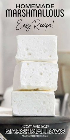 marshmallows stacked on top of each other in a pan with text overlay