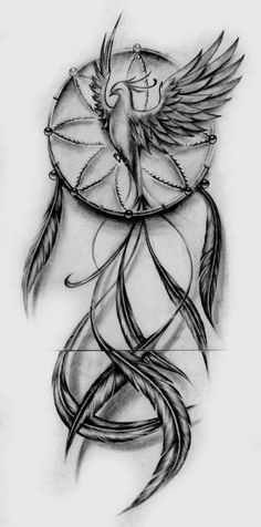 a drawing of a bird with feathers on it's wings and a dream catcher