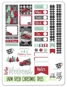 the farm fresh christmas trees planner stickers are shown in red, green and black