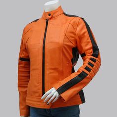 Shop Now With Free Shipping High Quality Leather Jackets Coats And Costumes In Low Price. Check item description on website. Biker Costume, Orange Leather Jacket, Faux Leather Jacket Women, Womens Biker Jacket, Uma Thurman, Kill Bill, Motorcycle Leather, Custom Jacket, Biker Leather