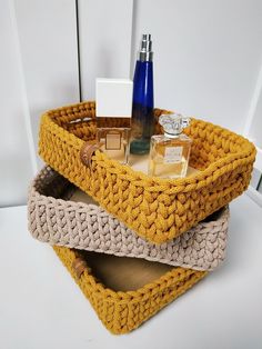 Rectangle basket, Makeup brush holder, makeup organizer basket tray, rectangular bathroom bin, knit cosmetics holder, modern farmhause tray Rectangular basket tray for cosmetics, etc. is made crochet from cotton string. The bottom is a plywood base, thanks to which the basket is very stable. The tray has two handles, which make it easier to move the tray. The basket is very stable. On photo color mustard and beige, but you can also order another color from the list. Price for 1 pc. The basket ca Cozy Perfume, Rectangle Basket, Brush Holder Makeup, Rectangular Bathroom, Rectangular Baskets, Bathroom Bin, Perfume Tray, Makeup Brush Holder, Basket Tray