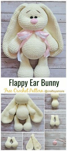 an image of a stuffed bunny made out of crochet yarn and text that says happy ear bunny free crochet pattern