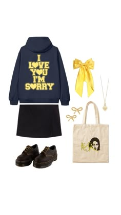 a woman's outfit with shoes and a bag