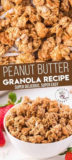 granola recipe in a white bowl with strawberries on the side and text overlay