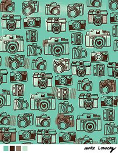 a blue background with many different cameras on it's sides and one is brown