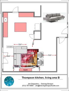 a floor plan for a living room and kitchen area with the furniture shown in it