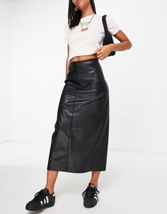 Topshop leather look clean maxi skirt in black | ASOS Leather Maxi Skirt Outfit, Look Clean, Nordstrom Shoes, Blue Maxi Skirt, Outfits Curvy, Look Formal