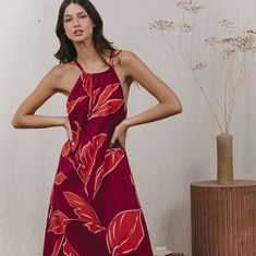 Parisienne Brand Grace And Mila. Lightweight Cotton Maxi Dress In A Gorgeous Leaf Print Red Halter Neck Summer Midi Dress, Red Halter Neck Midi Dress For Summer, Red Halter Neck Maxi Dress For Brunch, Red Floral Print Halter Neck Midi Dress, Red Halter Neck Midi Dress With Floral Print, Pretty Short Dresses, Long Maxi Gowns, Lilly Pulitzer Maxi Dress, Long Wrap Dress