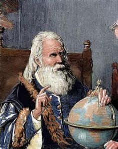 an old man with a long white beard is holding a globe and knitting needles in front of him