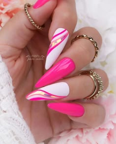 Pink Nails With Swirls, Nails With Gold Chrome, Nails With Swirls, Bold Nail Art, Pink Stiletto Nails, Bright Summer Nails Designs, Dark Pink Nails, Pink Tip Nails, Shiny Nails Designs