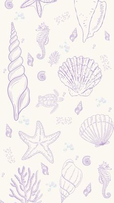 an ocean scene with shells, starfish and other things on the beach in pastel purple