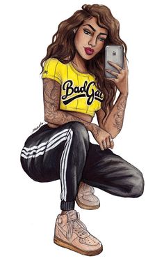 a drawing of a woman sitting on top of a skateboard holding a cell phone